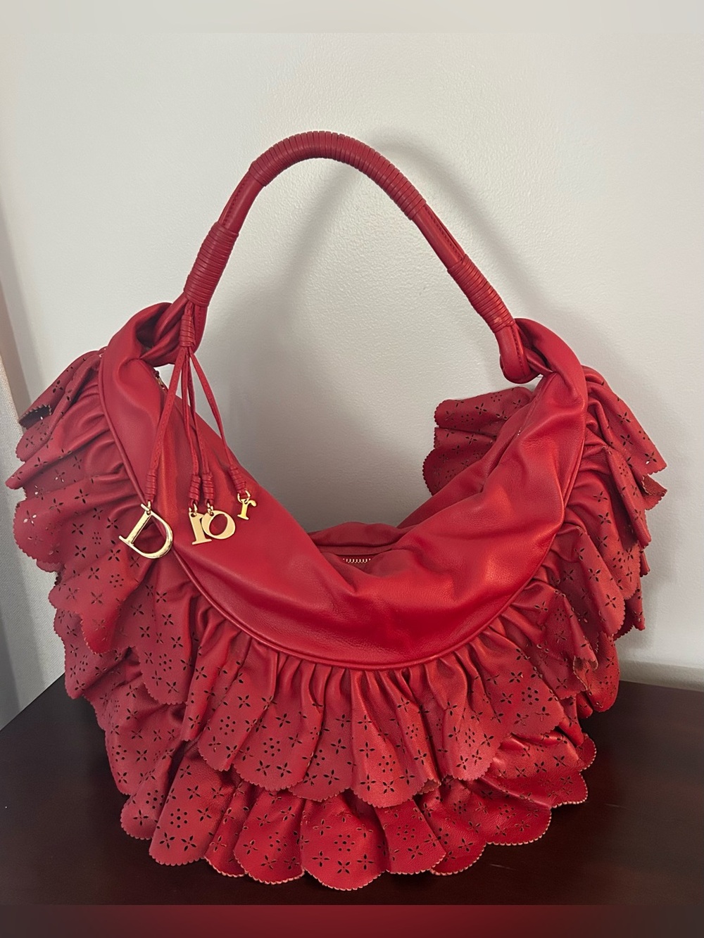 Dior ruffle hobo bag purse red
